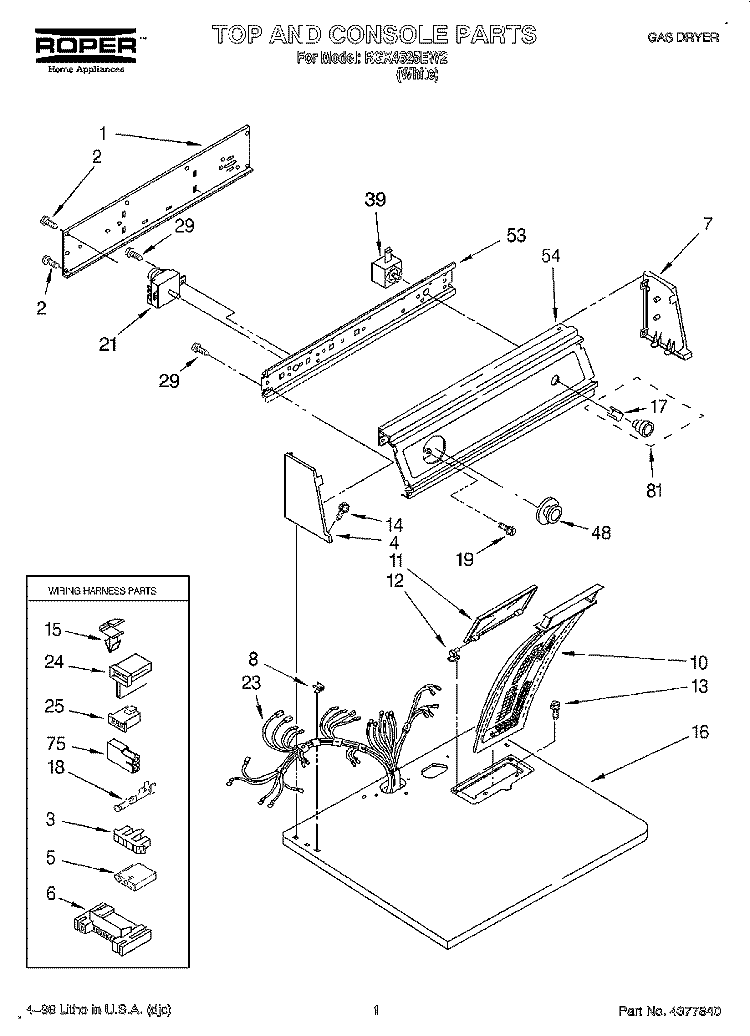 TOP AND CONSOLE, LIT/OPTIONAL Diagram and Parts List for RGX4625EW2  Roper Dryer