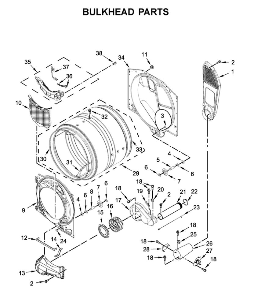 Bulkhead Parts Diagram and Parts List for WGD560LHW2  Whirlpool Dryer