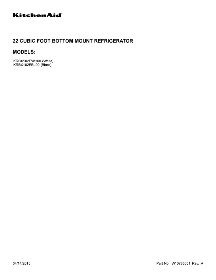 Cover Sheet Diagram and Parts List for KRBX102EWH00  KitchenAid Refrigerator