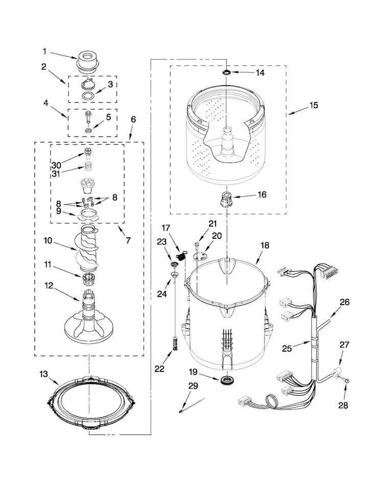 Basket And Tub Parts Diagram and Parts List for 11021352112  Kenmore Washer