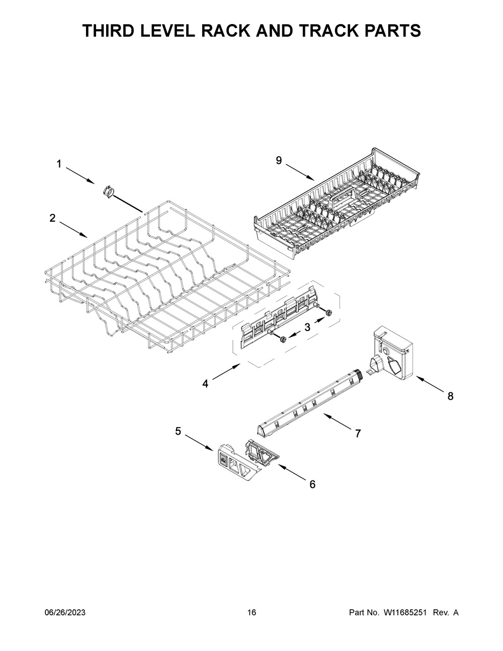 Third Level Rack And Track Parts Diagram and Parts List for WDPA70SAMZ2  Whirlpool Dishwasher