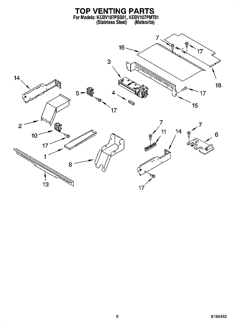 TOP VENTING PARTS, OPTIONAL PARTS Diagram and Parts List for KEBV107PMT01  KitchenAid Wall Oven