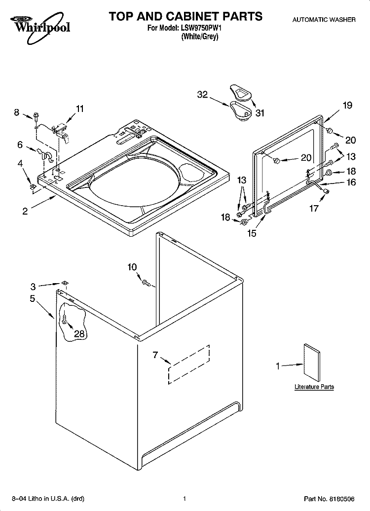 TOP AND CABINET PARTS Diagram and Parts List for LSW9750PW1  Whirlpool Washer