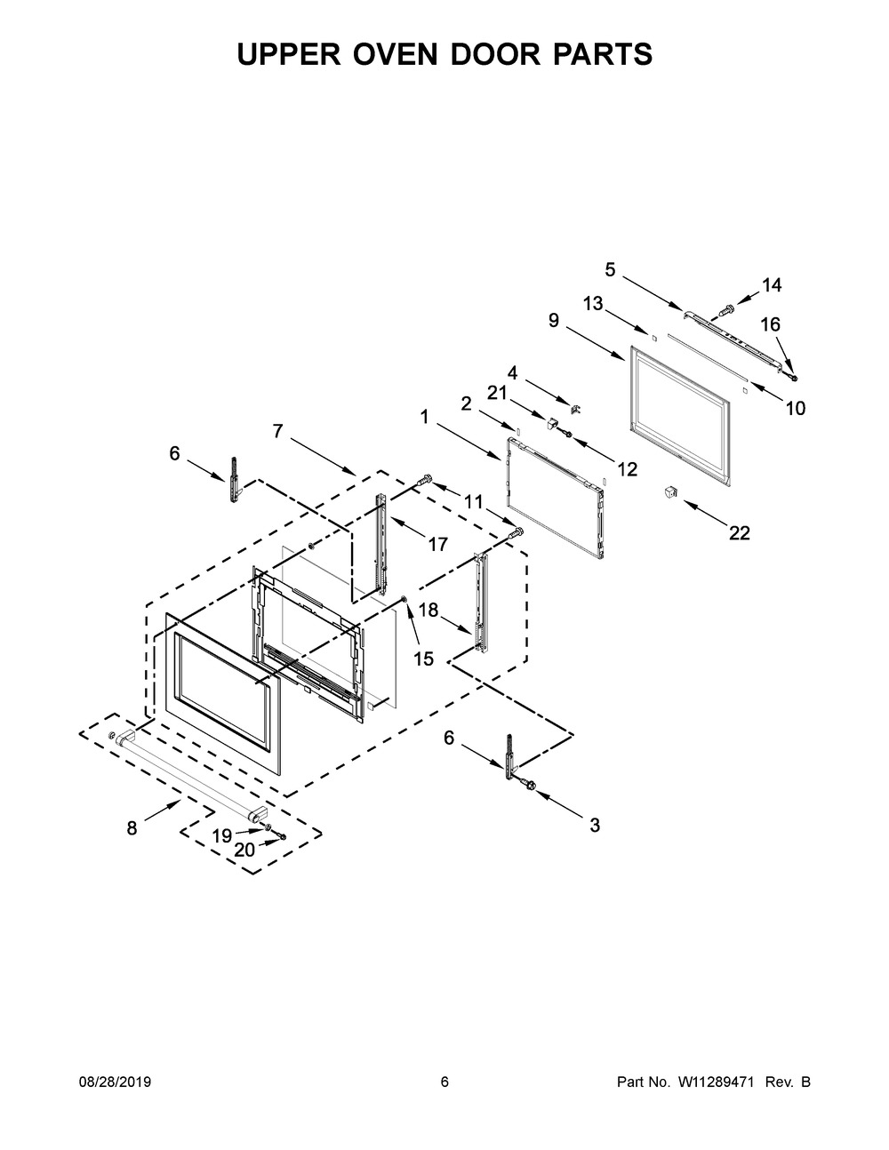 Upper Oven Door Parts Diagram and Parts List for KODE900HSS00  Whirlpool Wall Oven