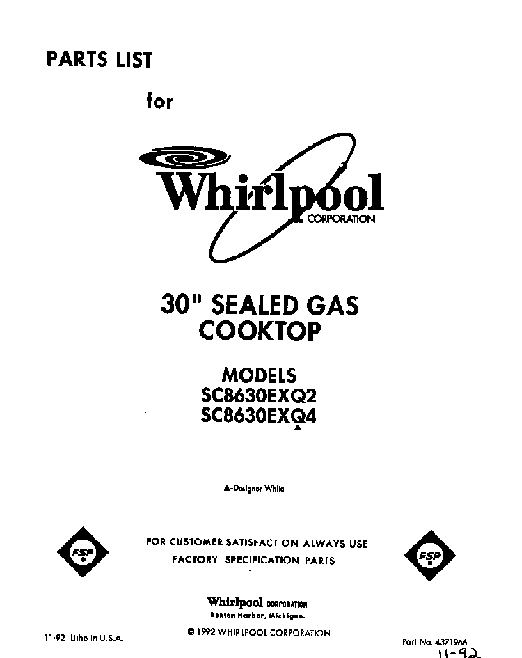Cover Page-text Only Diagram and Parts List for SC8630EXQ4  Whirlpool Cooktop