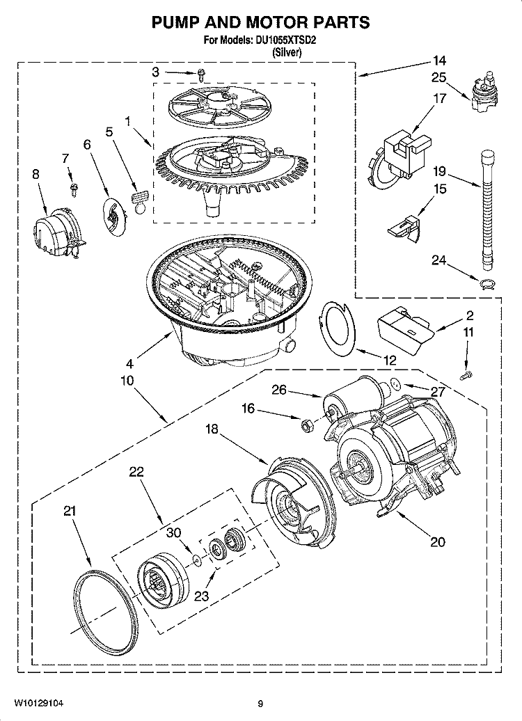 PUMP AND MOTOR PARTS Diagram and Parts List for DU1055XTSD2  Whirlpool Dishwasher