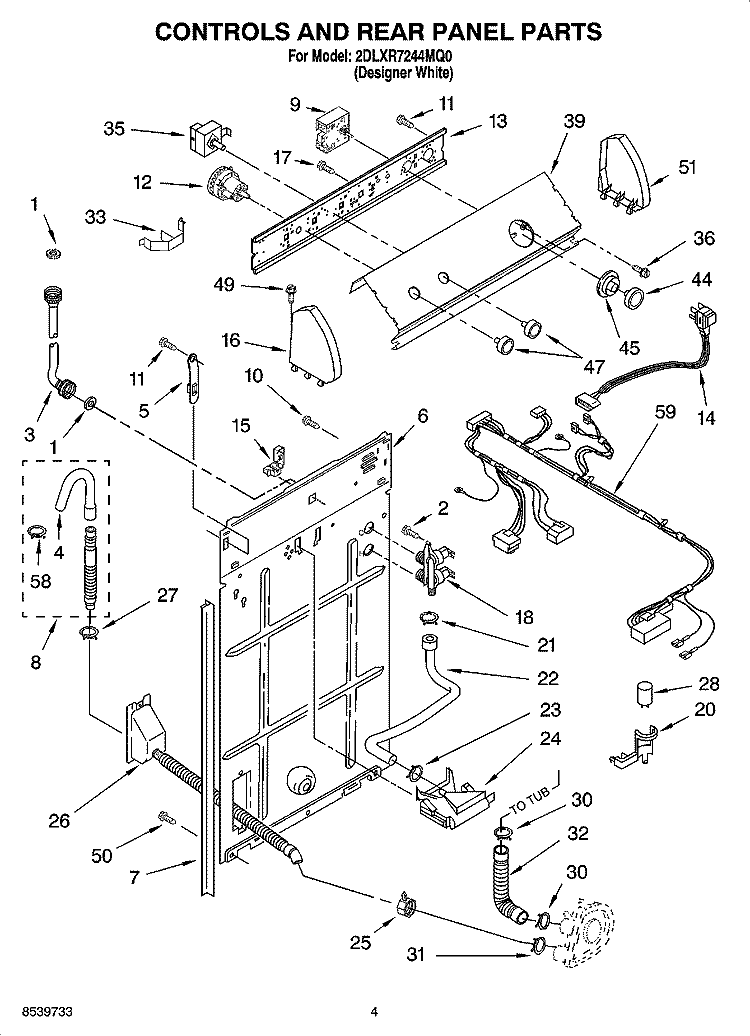 CONTROL AND REAR PANEL PARTS Diagram and Parts List for 2DLXR7244MQ0  Whirlpool Washer