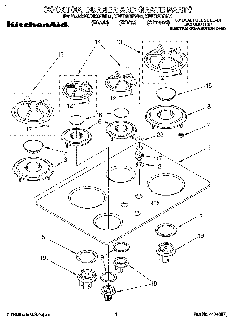 COOKTOP, BURNER AND GRATE Diagram and Parts List for KDDT207BBL1  KitchenAid Range