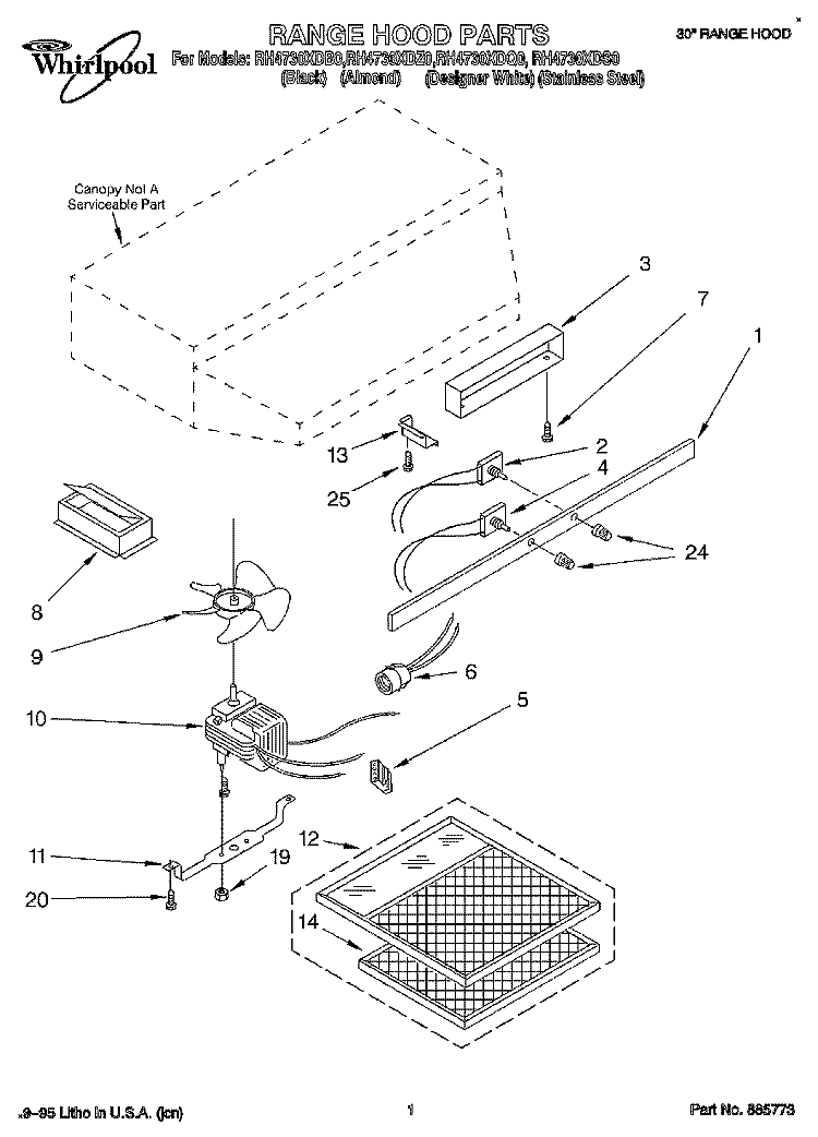 SECTION Diagram and Parts List for RH4730XDS0  Whirlpool Range Hood