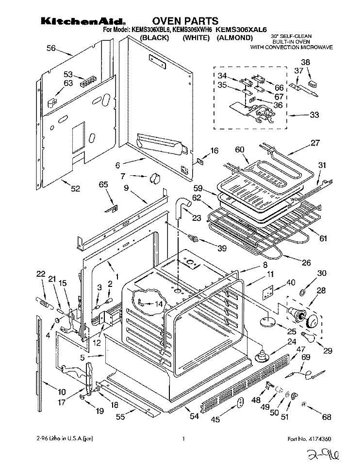 OVEN, LITERATURE Diagram and Parts List for KEMS306XWH6  KitchenAid Wall Oven