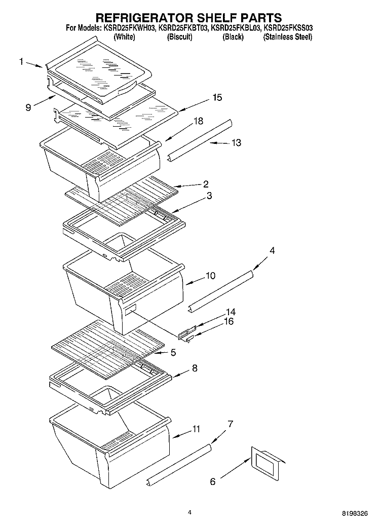 REFRIGERATOR SHELF PARTS Diagram and Parts List for KSRD25FKSS03  KitchenAid Refrigerator