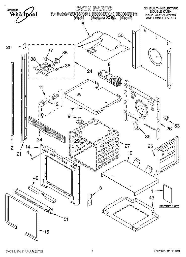 OVEN, LITERATURE Diagram and Parts List for RBD306PDT11  Whirlpool Wall Oven