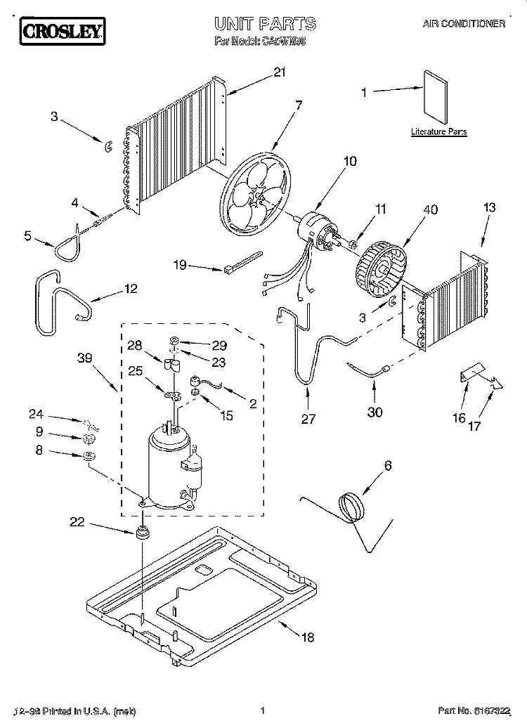 UNIT, LITERATURE Diagram and Parts List for CA5WM90  Crosley Air Conditioner