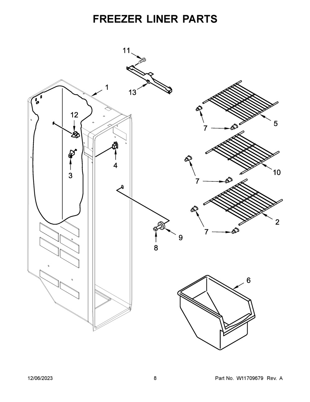 Freezer Liner Parts Diagram and Parts List for WRS311SDHB09  Whirlpool Refrigerator