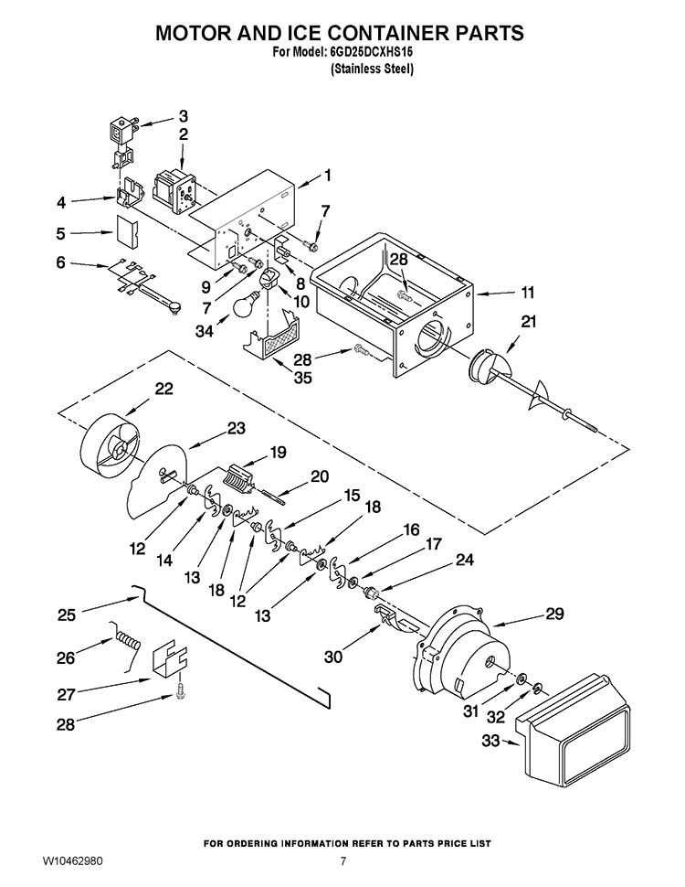 MOTOR AND ICE CONTAINER PARTS Diagram and Parts List for 6GD25DCXHS15  Whirlpool Refrigerator