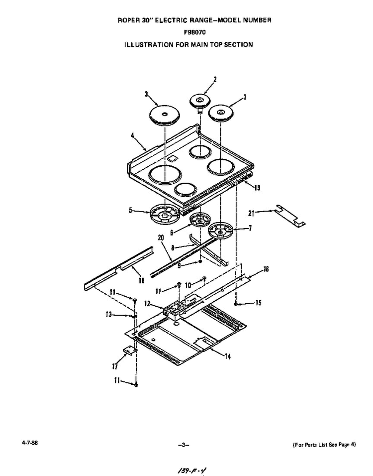 Main Top Diagram and Parts List for F9807*0  Roper Range