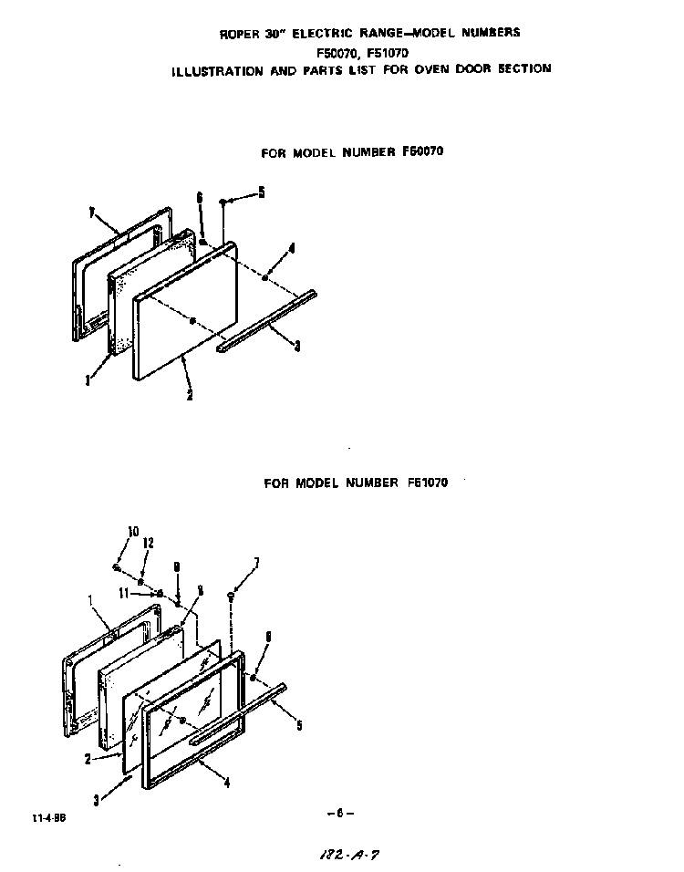 Oven Door Diagram and Parts List for F5107*0  Roper Range
