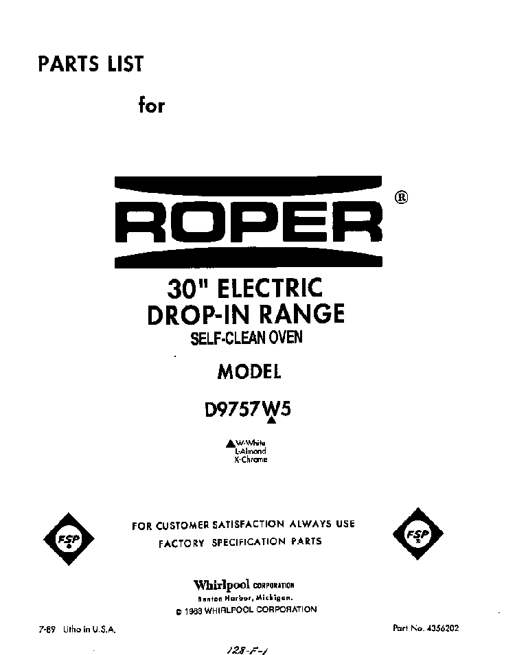 Front Cover Diagram and Parts List for D9757*5  Roper Range