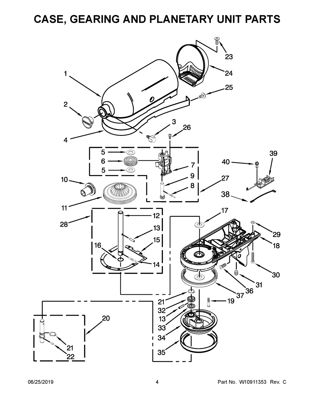 Case, Gearing And Planetary Unit Parts Diagram and Parts List for 3KSM150PSTWM0  Whirlpool Mixer