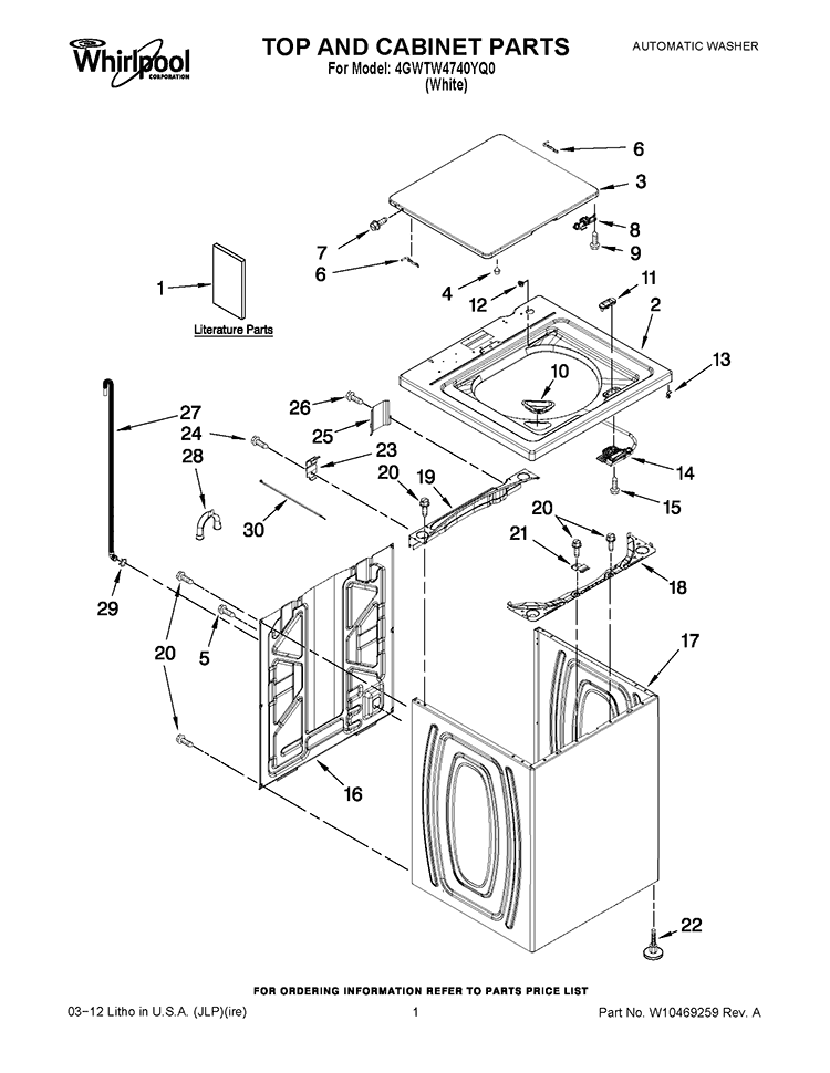 TOP AND CABINET PARTS Diagram and Parts List for 4GWTW4740YQ0  Whirlpool Washer
