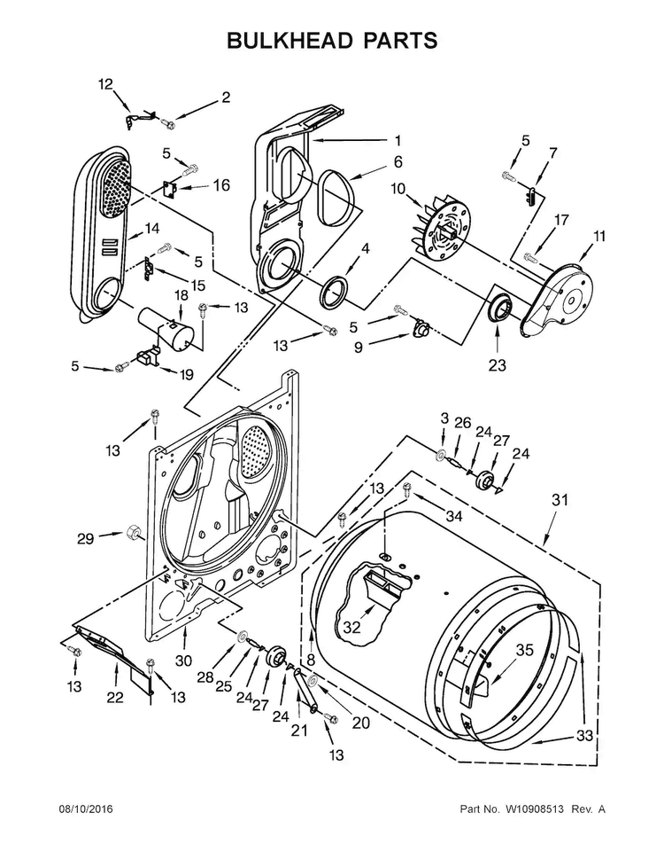 Bulkhead Parts Diagram and Parts List for 7MWGD1750EQ1  Whirlpool Dryer