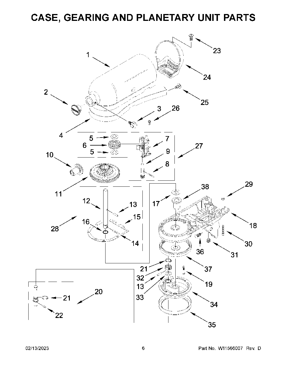 Case, Gearing And Planetary Unit Parts Diagram and Parts List for KSM195PSFT0  KitchenAid Mixer