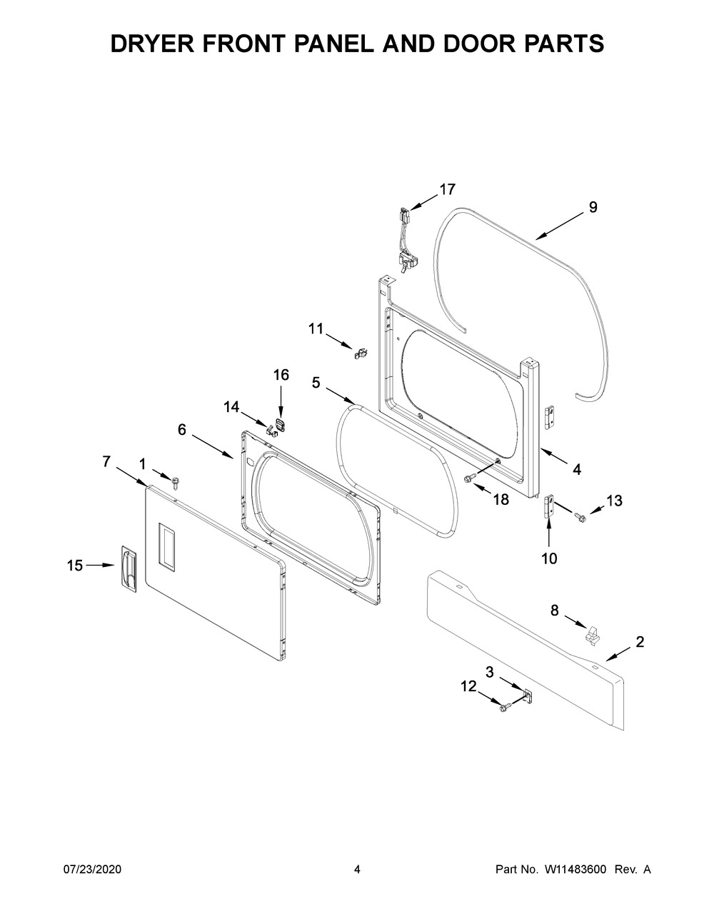 Dryer Front Panel And Door Parts Diagram and Parts List for WET4027HW1  Whirlpool Washer Dryer Combo
