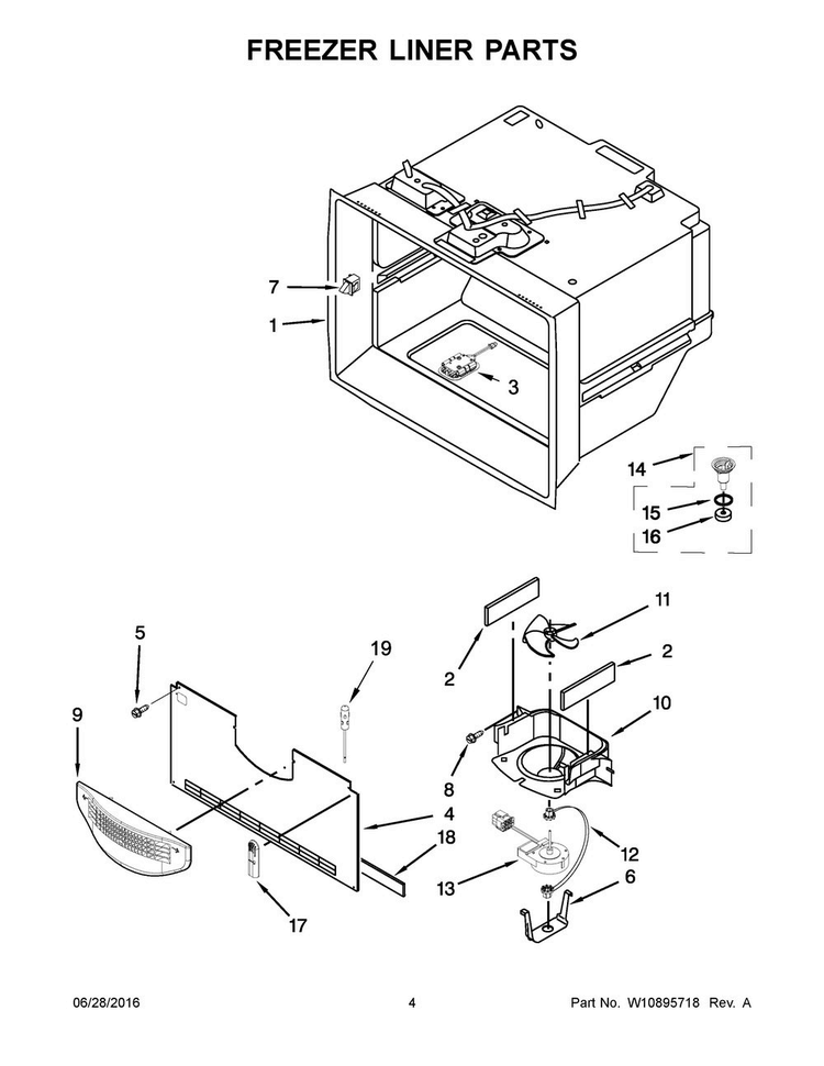 Freezer Liner Parts Diagram and Parts List for KRFF707EBS00  KitchenAid Refrigerator