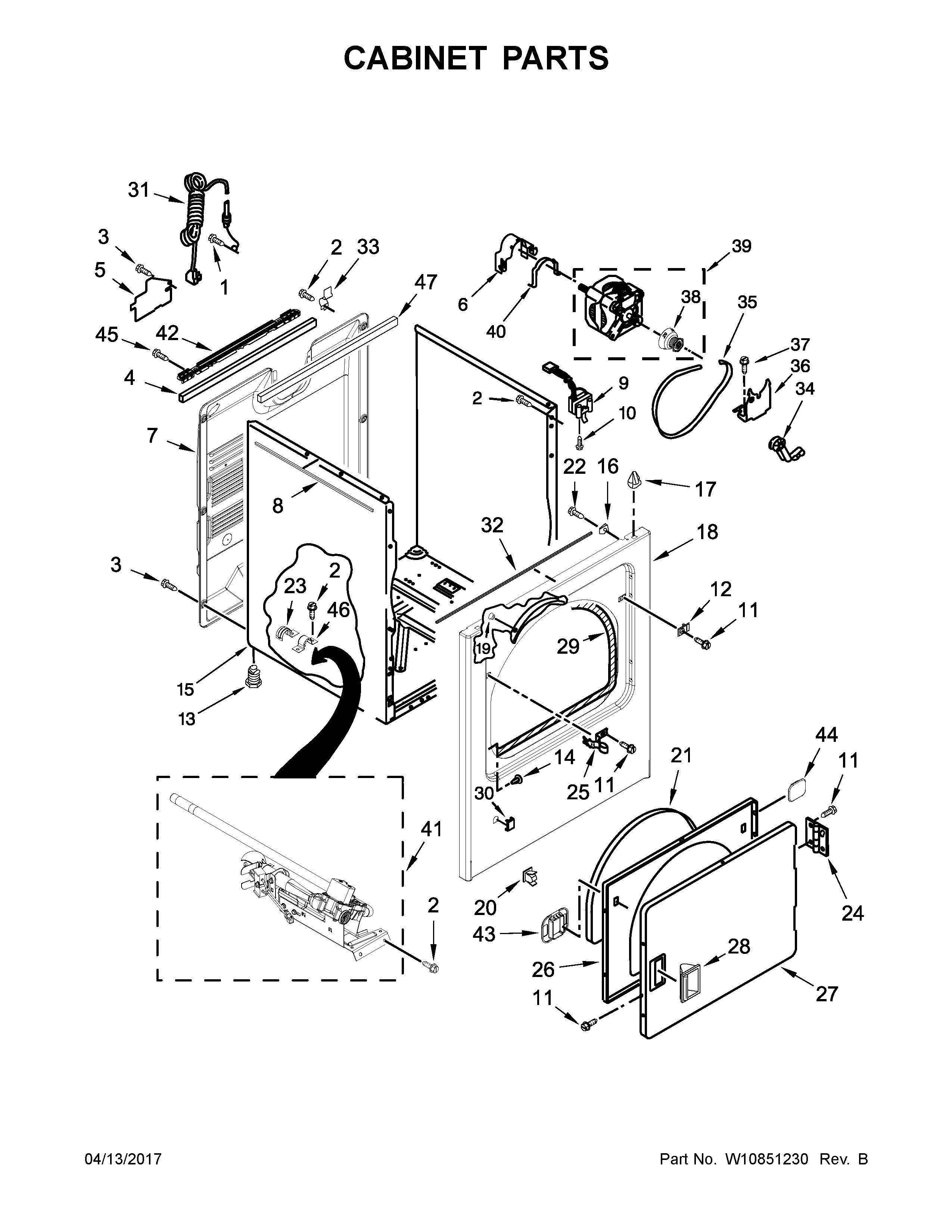 Cabinet Parts Diagram and Parts List for 11077132411  Kenmore Dryer