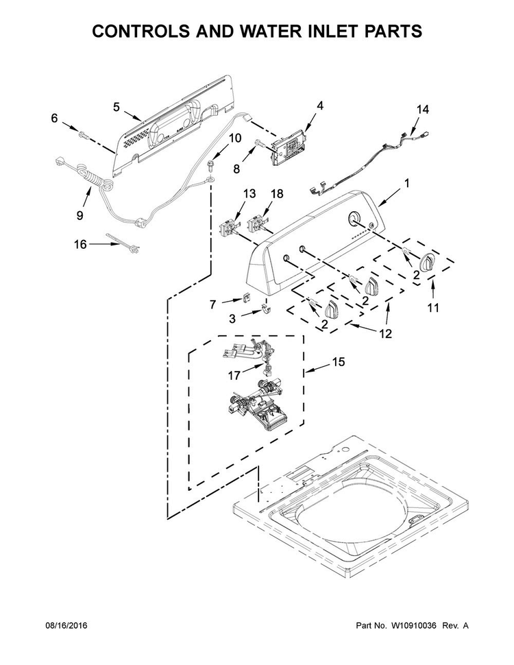 Controls And Water Inlet Parts Diagram and Parts List for 11020242511  Kenmore Washer