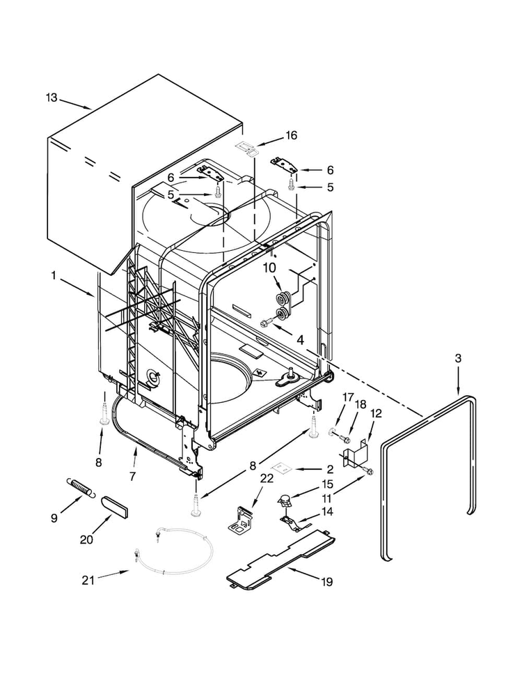 Tub And Frame Parts Diagram and Parts List for WDT720PADB1  Whirlpool Dishwasher