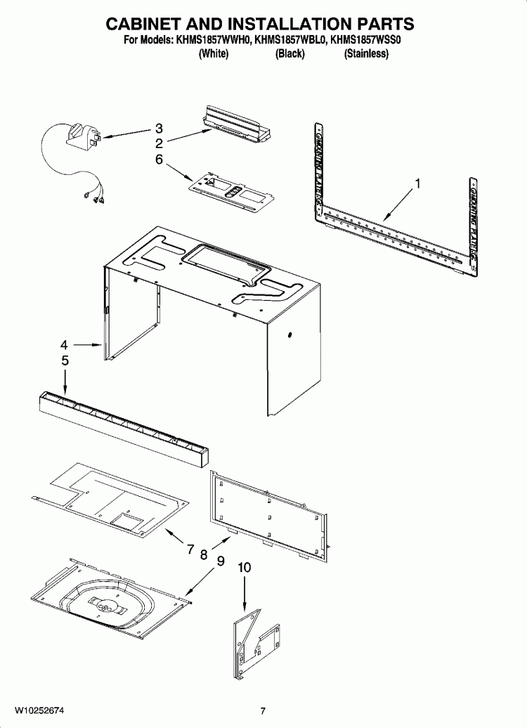 CABINET AND INSTALLATION PARTS Diagram and Parts List for KHMS1857WBL0  KitchenAid Microwave