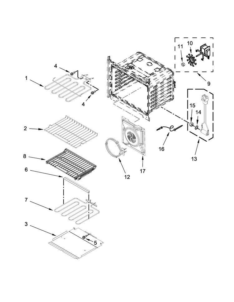 Internal Oven Parts Diagram and Parts List for WOC97ES0ES00  Whirlpool Microwave