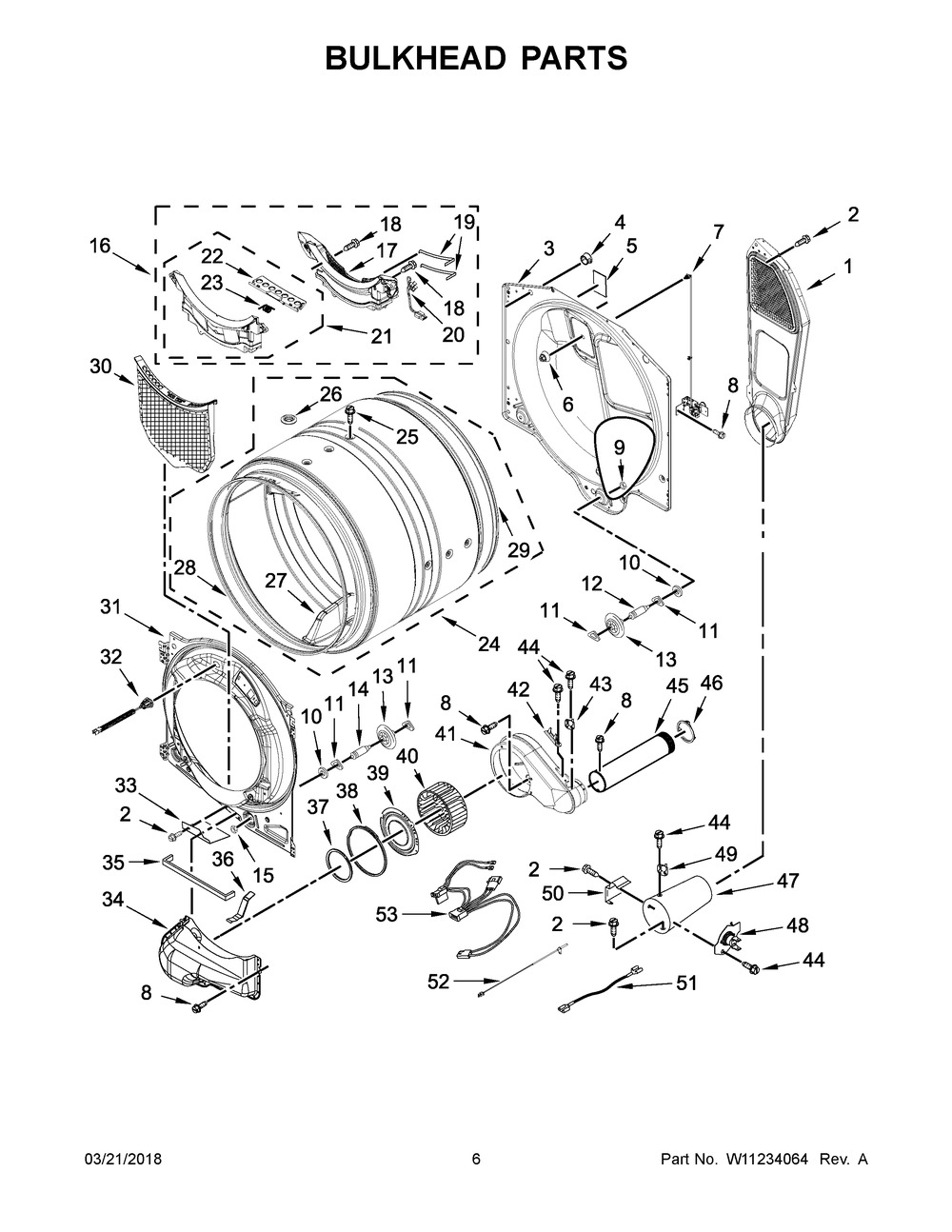 Bulkhead Parts Diagram and Parts List for 7MWGD90HEFC1  Whirlpool Dryer