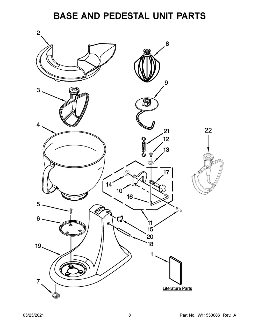Base And Pedestal Unit Parts Diagram and Parts List for 5KSM175PSAHY0  Whirlpool Mixer