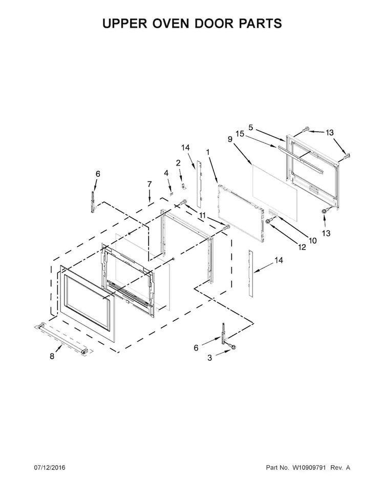 Upper Oven Door Parts Diagram and Parts List for KODE507EBS01  KitchenAid Wall Oven