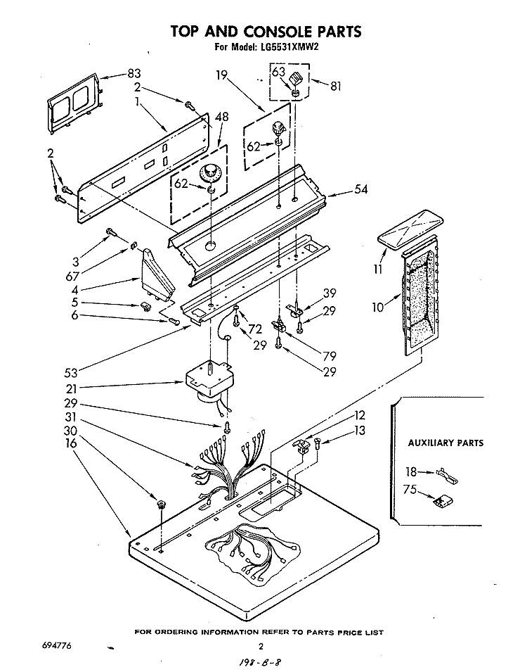 TOP AND CONSOLE , LITERATURE AND OPTIONAL Diagram and Parts List for LG5531XMW2  Whirlpool Dryer