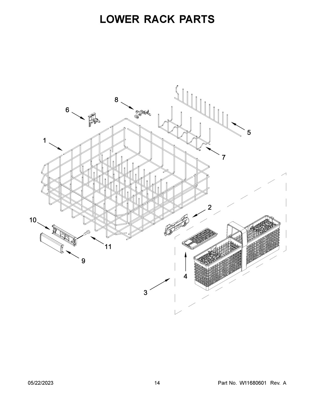 Lower Rack Parts Diagram and Parts List for KDPM604KPS2  KitchenAid Dishwasher