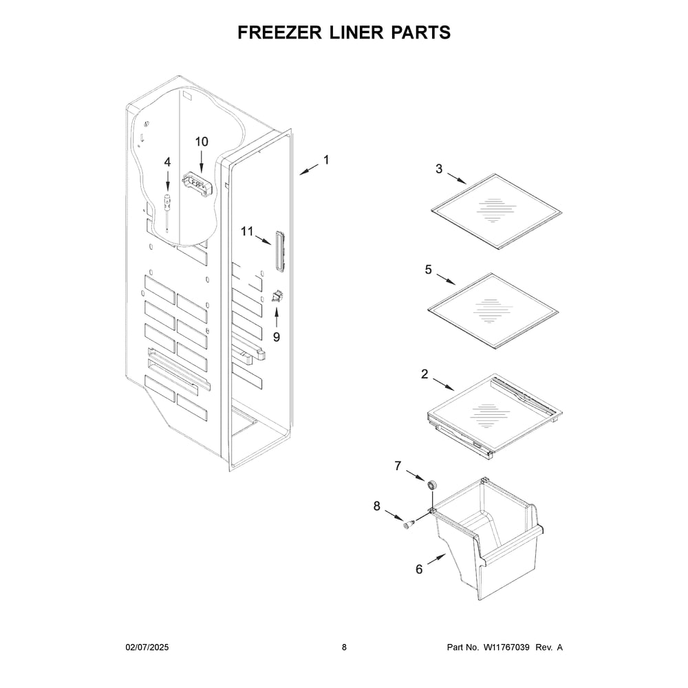 Freezer Liner Parts Diagram and Parts List for WRSF6536RZ00  Whirlpool Refrigerator