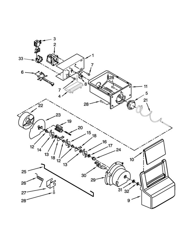 Motor And Ice Container Parts Diagram and Parts List for 5WRS25FDBF02  Whirlpool Refrigerator