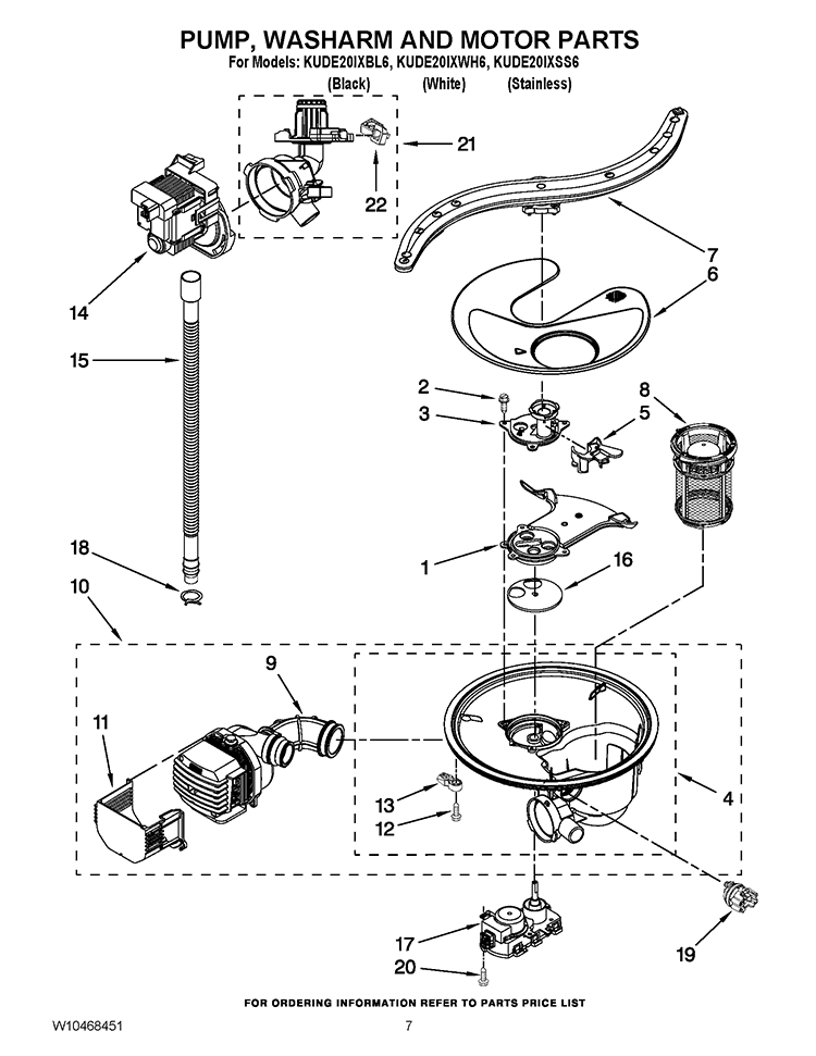 PUMP, WASHARM AND MOTOR PARTS Diagram and Parts List for KUDE20IXBL6  KitchenAid Dishwasher