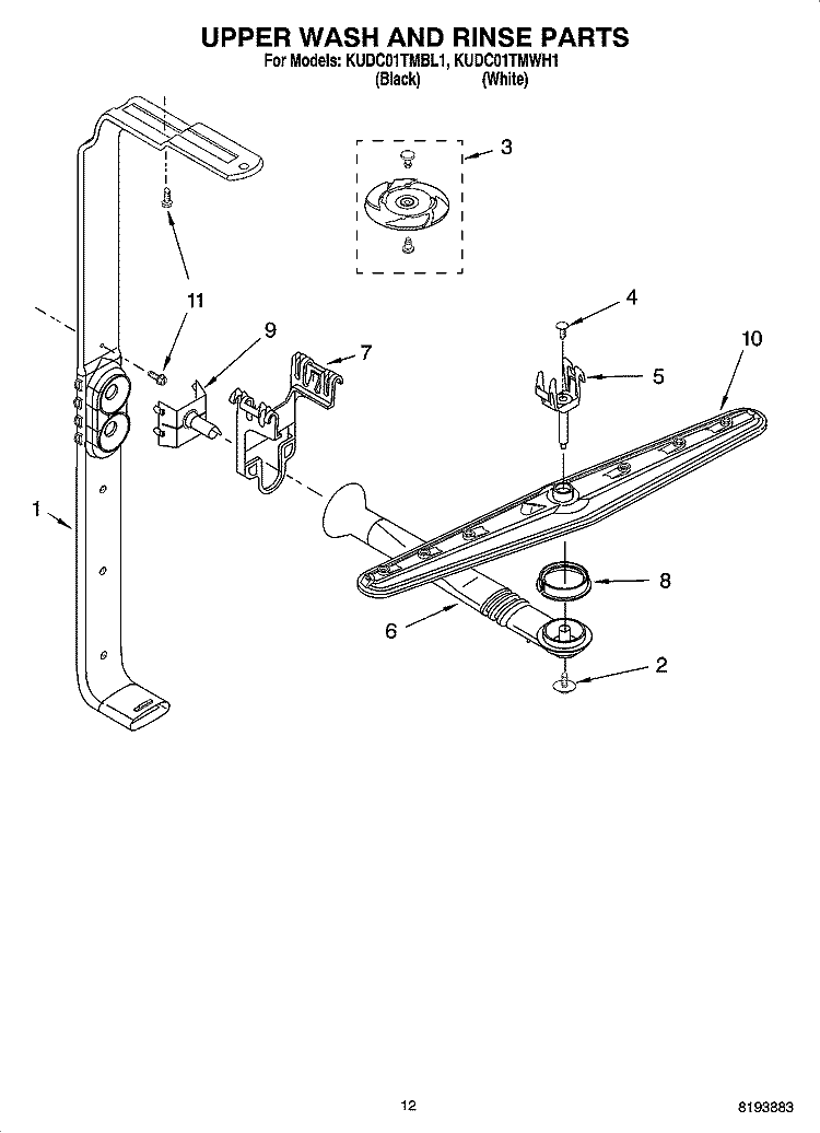 UPPER WASH AND RINSE PARTS Diagram and Parts List for KUDC01TMBL1  KitchenAid Dishwasher