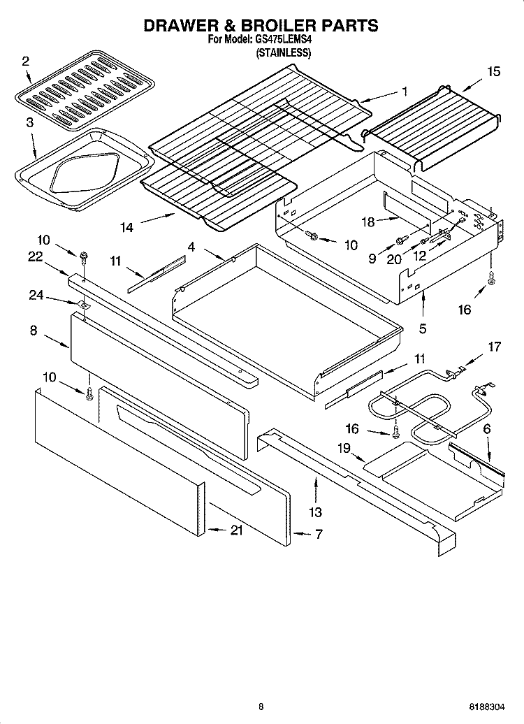 DRAWER & BROILER PARTS, OPTIONAL PARTS (NOT INCLUDED) Diagram and Parts List for GS475LEMS4  Whirlpool Range