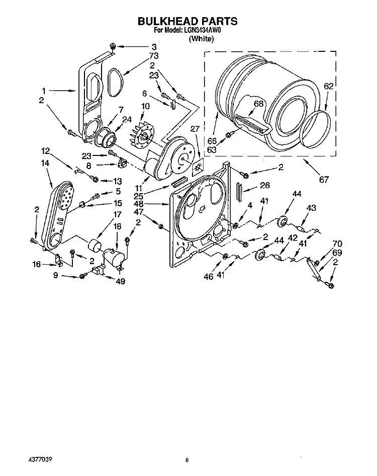 BULKHEAD Diagram and Parts List for LGN3434AW0  Whirlpool Dryer