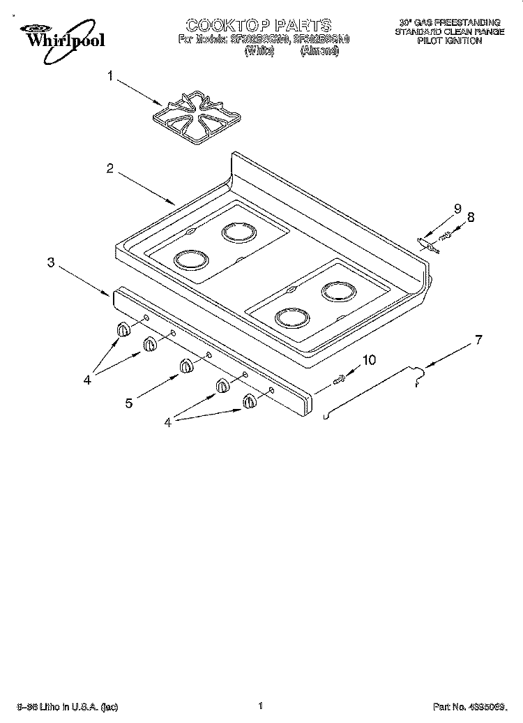 COOKTOP Diagram and Parts List for SF302BSGW0  Whirlpool Range
