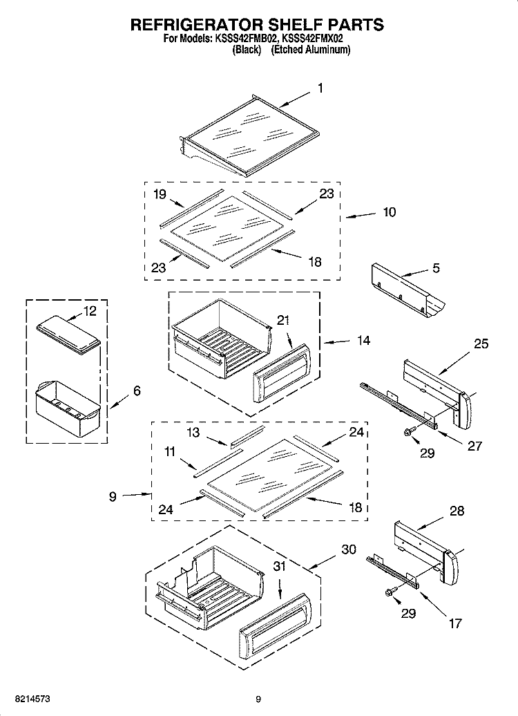 REFRIGERATOR SHELF PARTS Diagram and Parts List for KSSS42FMB02  KitchenAid Refrigerator
