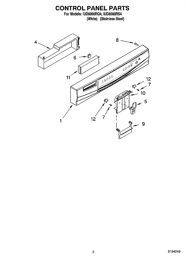 CONTROL PANEL PARTS Diagram and Parts List for IUD8000RS4  Whirlpool Dishwasher