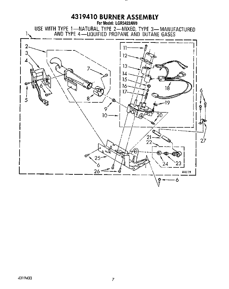 4319410 BURNER Diagram and Parts List for LGR3422AW0  Whirlpool Dryer