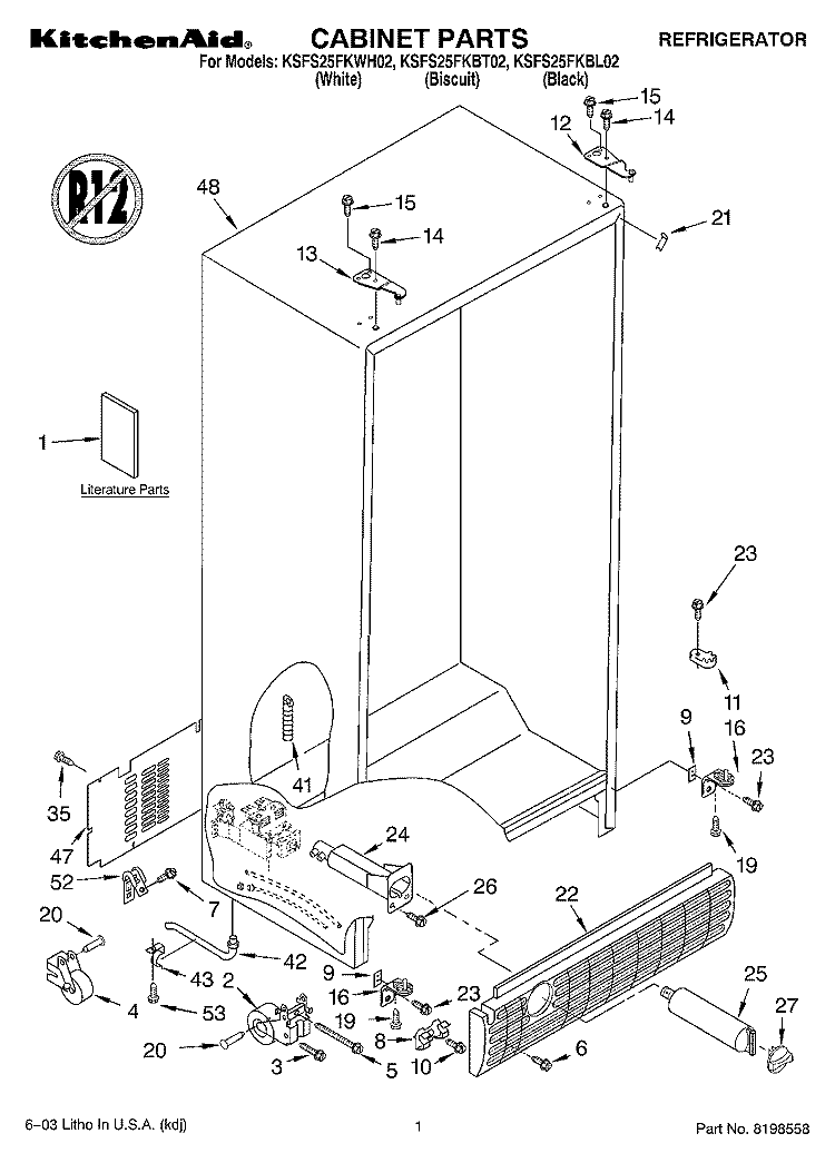CABINET PARTS Diagram and Parts List for KSFS25FKBL02  KitchenAid Refrigerator