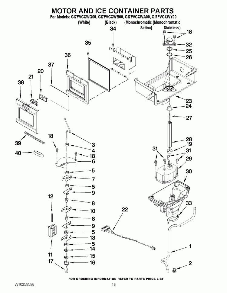 MOTOR AND ICE CONTAINER PARTS Diagram and Parts List for GI7FVCXWQ00  Whirlpool Refrigerator
